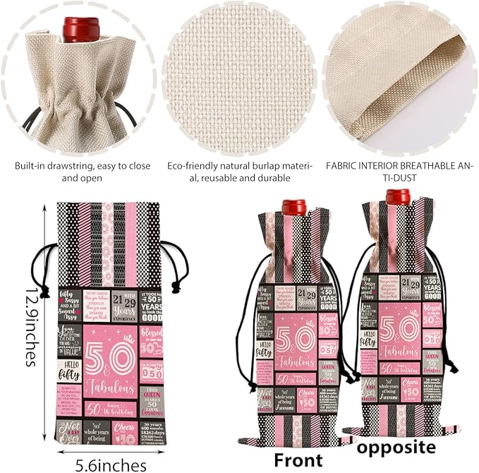 Funny 50th Birthday Gifts for Her Him Wine Bag, Happy Anniversary 50th Birthday Party Decorations Men Wine Bottle Bag, 50 Year Old 1974 Birthday Gifts for Women Wine Bags