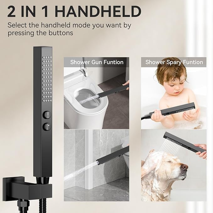Shower Faucet Set Matte Black Shower System, 12" Ceiling Rainfall Shower and 6" Rain Shower with 2 in 1 Handheld, Can Use All at Once, Wall Mount Pressure Balance Rough-in Valve and Trim Kit