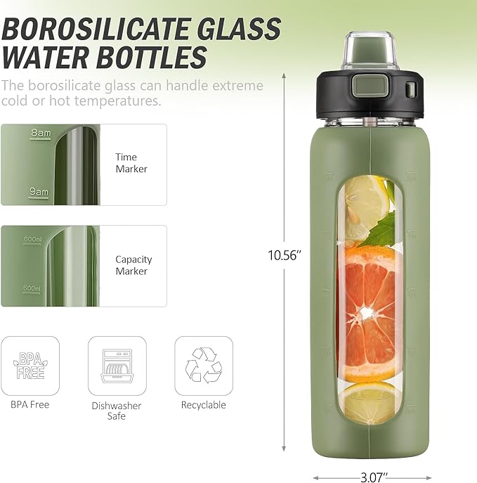 Kodrine Water Bottle With Straw and Carry Handle, Glass Water Bottle 24 oz Leak Proof Locking Lid with Soft Silicone Spout, Small Clear Water Bottle, Travel Sports Water Jug, Time Marker, Olive