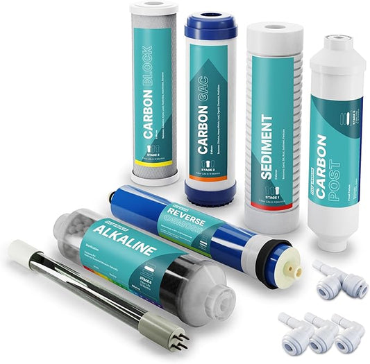 NU Aqua Reverse Osmosis Water Filter System Replacement Set - 7 Stage Alkaline & UV Under Sink Kit - Membrane, Sediment, Carbon Filters & Fittings - Universal Undersink RO Filtration Cartridge