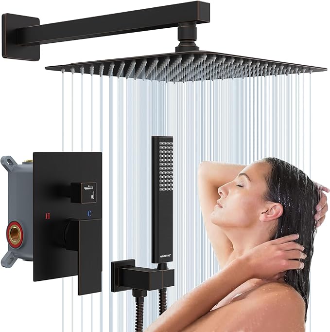 EMBATHER Oil Rubbed Bronze Shower System-12 Inches Shower Faucet Set with Square Rain Shower Head and Handheld High Pressure Shower Combo Set for Bathroom Wall Mounted (Contain Rough-in Valve & Trim)