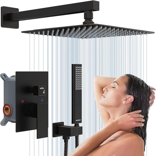 EMBATHER Oil Rubbed Bronze Shower System-12 Inches Shower Faucet Set with Square Rain Shower Head and Handheld High Pressure Shower Combo Set for Bathroom Wall Mounted (Contain Rough-in Valve & Trim)