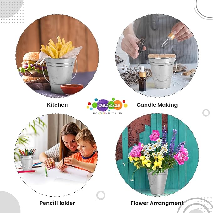 Galvanized Metal Bucket with Handle 12 Pcs- Metal Buckets for Party, Tin Buckets with erasable Stickers and Chalk Marker Silver Bucket 4.7" W x 5" H x 2.7" L