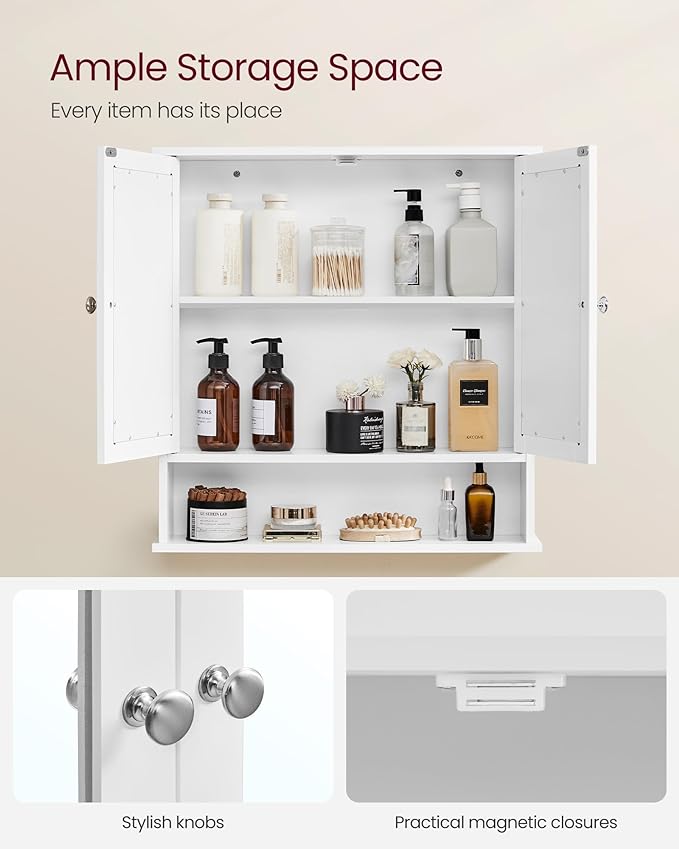 VASAGLE Bathroom Cabinet with Mirror, Wall Cabinet with 2 Mirrored Doors, Adjustable Shelf, Open Compartment, Wall-Mounted, 5.1 x 22.2 x 23 Inches, White ULHC002