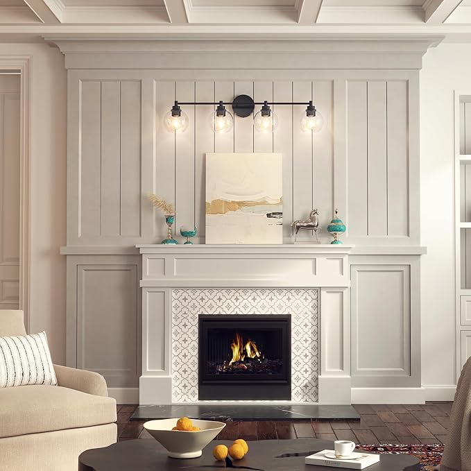 VONLUCE Bathroom Light Fixtures, 4-Light Bathroom Vanity Light with Globe Glass Shades E26 Sockets, Vanity Lights Over Mirror for Bedroom Hallway Living Room, Black Finish