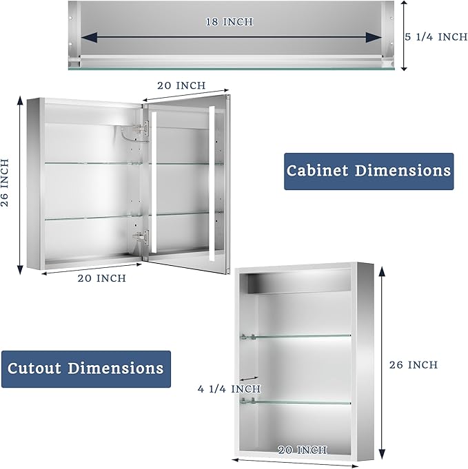 ExBrite LED Lighted Bathroom Medicine Cabinet with Mirror, 20 x 26 Inch, Recessed or Surface Mount, Anti-Fog, Stepless Dimming, Color Temperature Adjustment, 2 Outlets, Storage Shelves, Right Hinge