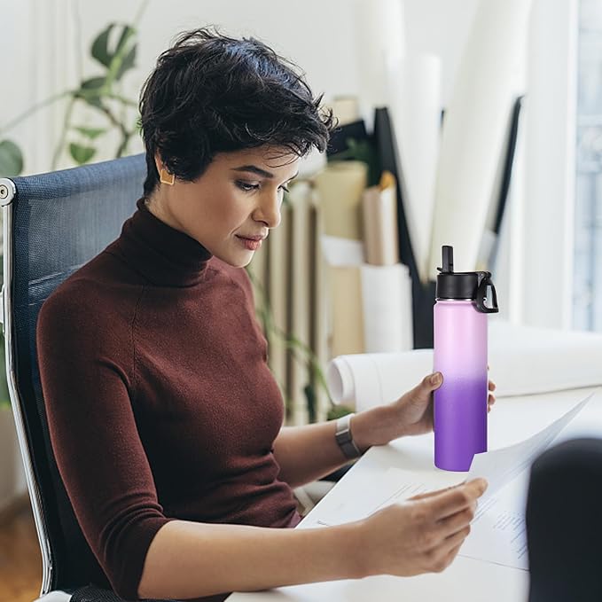 Volhoply 24 Ounce Insulated Water Bottle With Straw Lid,Stainless Steel Wide Mouth Sport Bottles With Handle,Double Wall Vacuum Thermos keep Cold,Reusable Travel Thermal Cups For Holder(Lavender,1)