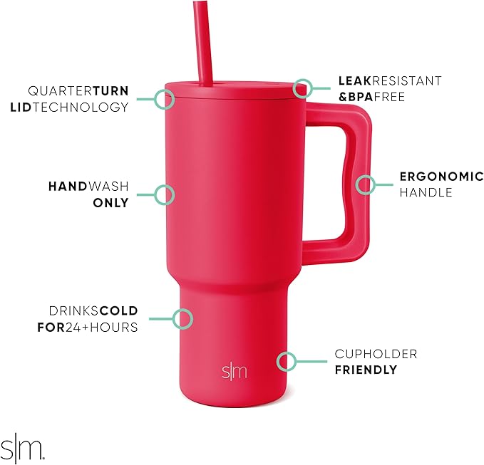 Simple Modern 30 oz Tumbler with Handle and Straw Lid | Insulated Cup Reusable Stainless Steel Water Bottle Travel Mug Cupholder Friendly | Gifts for Women Men Him Her | Trek Collection | Ember Red