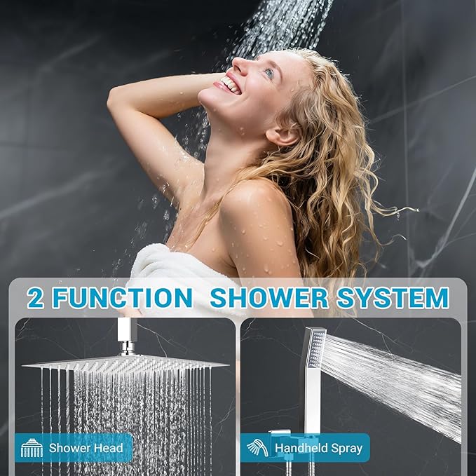 Ceiling Mount Shower Faucet Set Square Showerhead Bathroom Rainfall Shower System Stainless Steel Shower Trim Kit 10 Inches (Chrome)