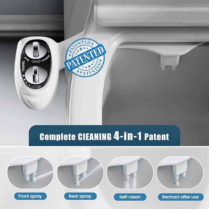 YASFEL Bidet Attachment for Toilet, Toilet Bidet Non-Electric Bidet Toilet Attachment Dual Nozzles for Frontal/Rear Wash, Adjustable Pressure Control (Black/White)