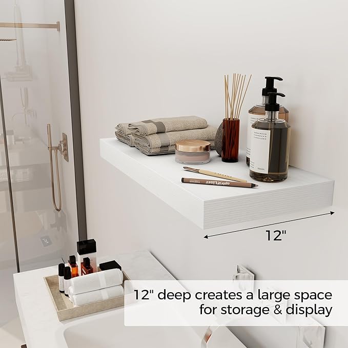 12 Inch Deep White Floating Shelves, 24 x 12 Floating Shelf for Books, Rustic Wood Deep Wall Shelves for Home Storage & Display, 2" Thicked Shelves for Kitchen, Living Room, Bedroom, 1 Pack