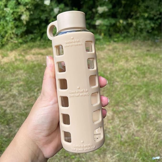 purifyou Premium Glass Water Bottles, 40/32 / 22/12 oz Reusable Drinking Bottle with Time & Volume Markings Silicone Sleeve & Stainless Steel Lid for Water, Coffee, & Fruit Juice (12oz Pearled Ivory)