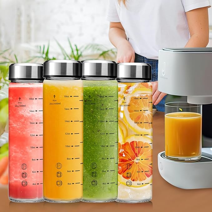 20oz Juice Bottles - 4 Pack Wide Mouth Glass Bottles with Lids- BPA Free, Stainless Steel Lids for Juicing, Smoothies, Infused Water, Beverage Storage - Leakproof, Borosilicate, Clear
