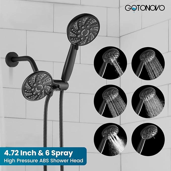 gotonovo Dual 2 in 1 Shower Head Kit High Pressure Combo System Shower Faucet 6 Modes ABS Handheld Spray Shower Trim Kit with Valve Shower Head and Handle Set Matte Black