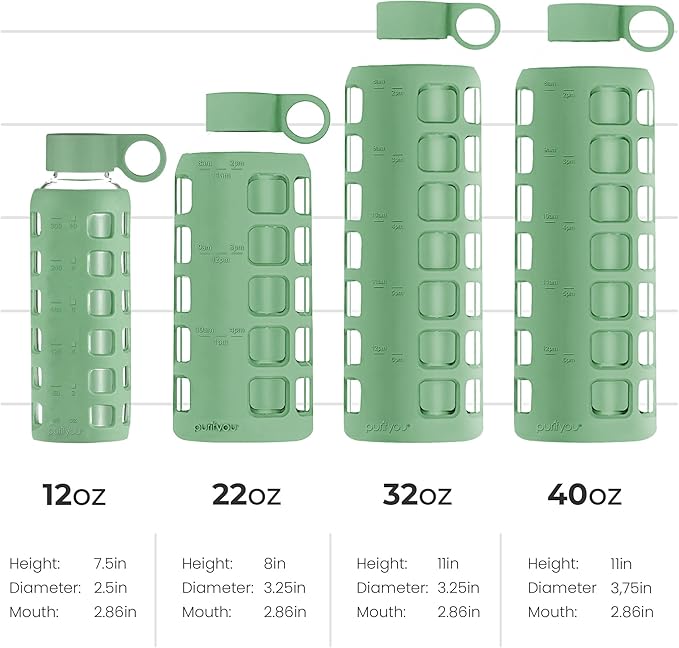 purifyou Premium 40/32 / 22/12 oz Glass Water Bottles with Volume & Times to Drink, Silicone Sleeve & Stainless Steel Lid Insert, Reusable Bottle for Fridge Water, Milk, Juice (12oz Shale Green)
