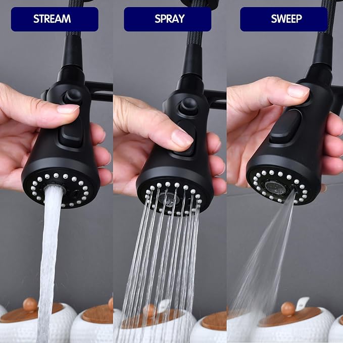 Black Kitchen Faucet with Pull Down Sprayer Stainless Steel Single Handle Pull Out Spring Sink Faucets 1 Hole Or 3 Triple function campers, RVs, laundry rooms, and kitchen countertops or bar counter.