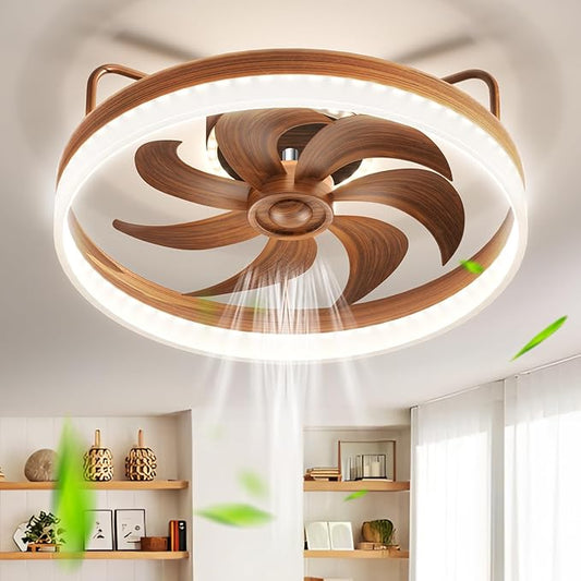 KDZ Low Profile Ceiling Fans with Lights and Remote, 20'' Bladeless Fandelier Ceiling Fans with Remote App, 3000-6000K Color Temperature Flush Mount Wooden Ceiling Light with 6 Speeds For Bedroom
