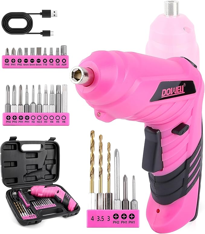 DOWELL Power Electric Cordless Screwdriver Set Rechargeable 3.6V Power Screwdriver Kit Tools for Women with 27pcs Accessories Pink