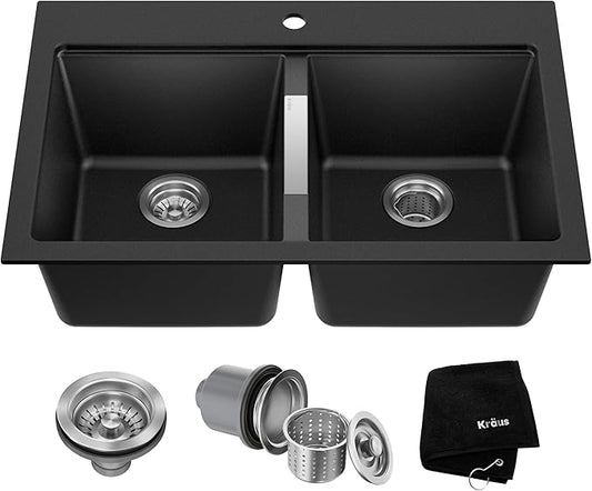 KRAUS Quarza 33-inch Drop-In/Undermount 50/50 Double Bowl Granite Kitchen Sink in Black Onyx, KGD-433B