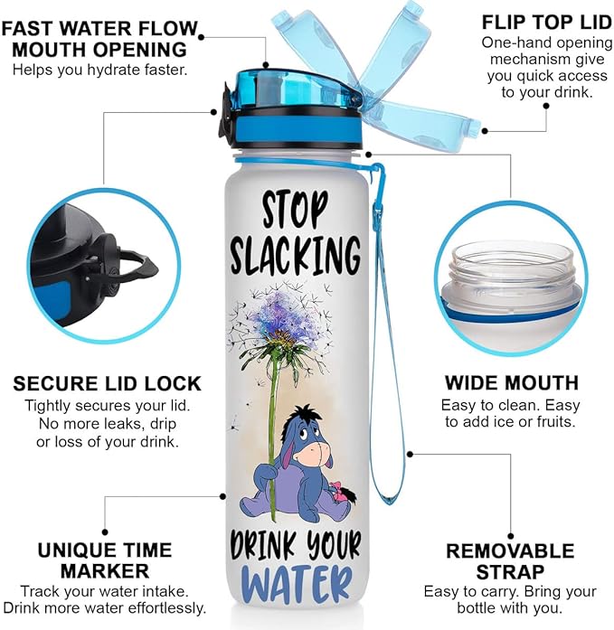 Stop Slacking Drink Your Water 32 Oz Water Track Bottle, Water Bottle With Time Marker, Donkey Motivational Insulated Water Bottle, Gifts For Family Friend, Birthday Gifts, Blue