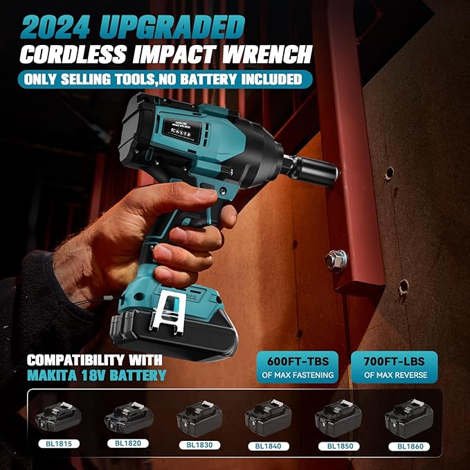 Cordless Impact Wrench 1/2 inch for Makita Battery, 600FT-LBS (810N.m) Brushless Electric Impact Gun Includes LED Work Light, 2100RPM High Torque Impact Driver Wrench, Bare Tool Only