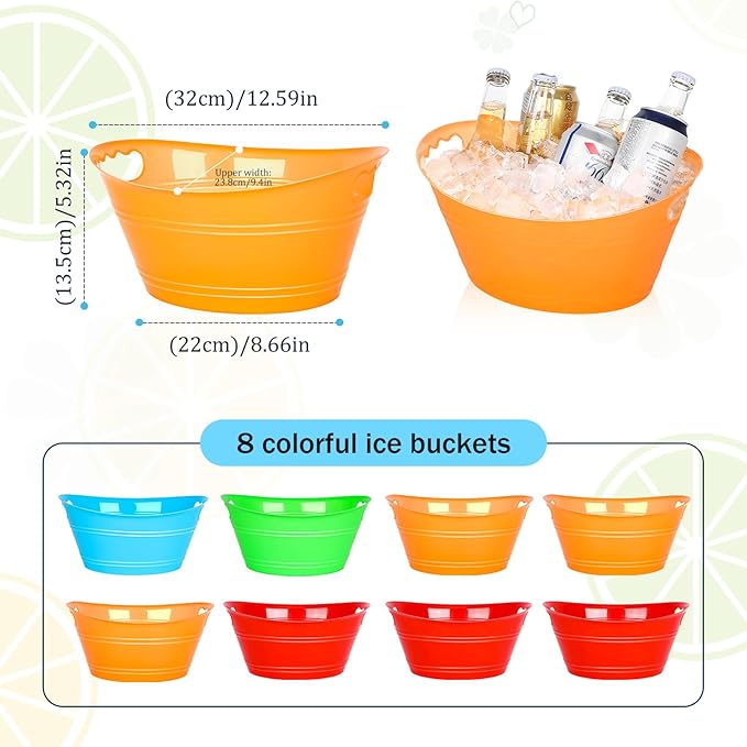 8Pcs Ice Bucket, Plastic Ice Buckets for Parties, Drink Buckets with Handles Beverage Buckets Oval Storage Plastic Tub for Wine Beer Champagne Bottles, 4.3Liter (set-1)