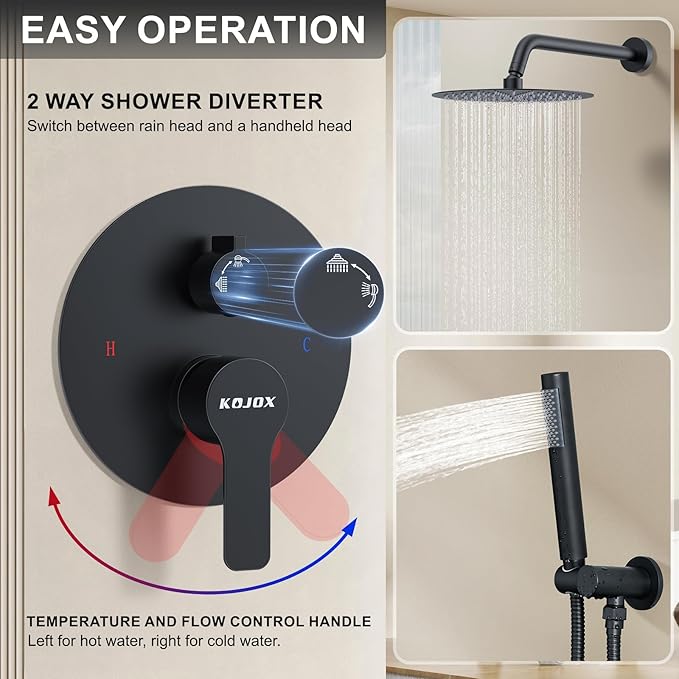 KOJOX 10 Inch Matte Black Shower System with High Pressure Rain Shower Head, Handheld Shower Head, Bathroom Mixer Shower Set Wall Mounted Shower Faucet Rough-in Valve and Trim Kit