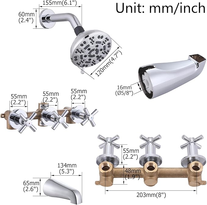3 Handles Shower Faucet Set with Tub Spout Bathtub Shower Faucets Combo Set Shower System Complete Tub and Shower Trim Kit Shower Fixtures Chrome