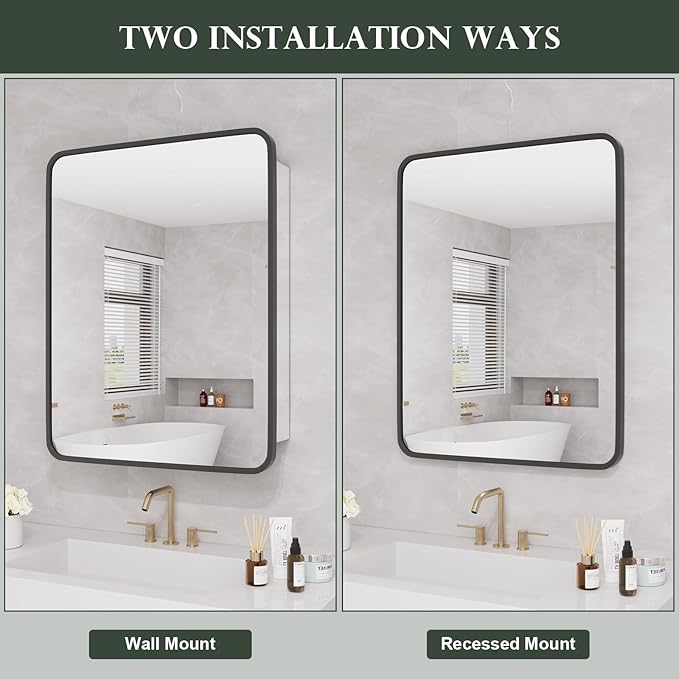 WallBeyond Bathroom 22x28 Inch Black Recessed Medicine Cabinet with Round Corner Aluminum Alloy Metal Framed, Single Door Modern Medicine Cabinet with Storage