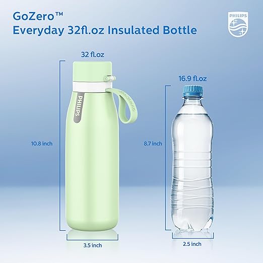 PHILIPS GoZero Everyday Insulated Stainless Steel Water Bottle Everyday Tap Water Filter BPA Free Transform Tap Water into Healthy Tastier Water Keep Drink Hot/Cold, 32 oz, Green