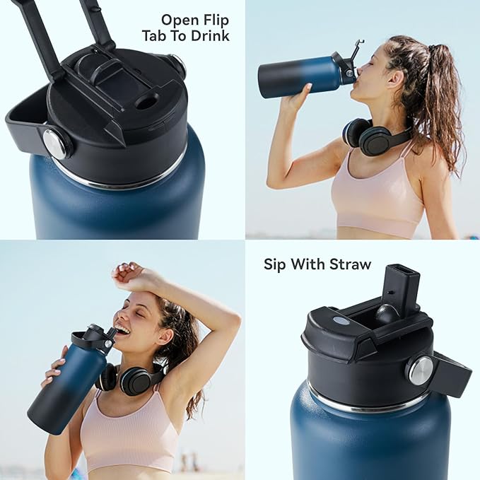 Kerilyn Stainless Steel Insulated Water Bottle, 32oz Double Wall Vacuum Insulated Water Bottle Leak Proof with Silicone Straw, Wide Mouth Lid, BPA Free, Keep Cold and Hot, 32oz, Blue Gradient