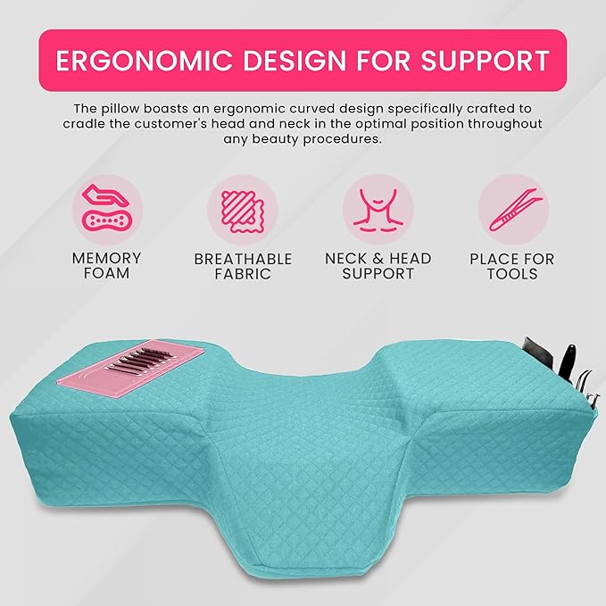 Pillow for Eyelash Extensions - Curved Memory Foam Lash Bed Pillow with Neck and Back Support, Perfect Pillow for Eyelash Extensions, Two Pockets for Tools On The Sides of Pillow (Blue)