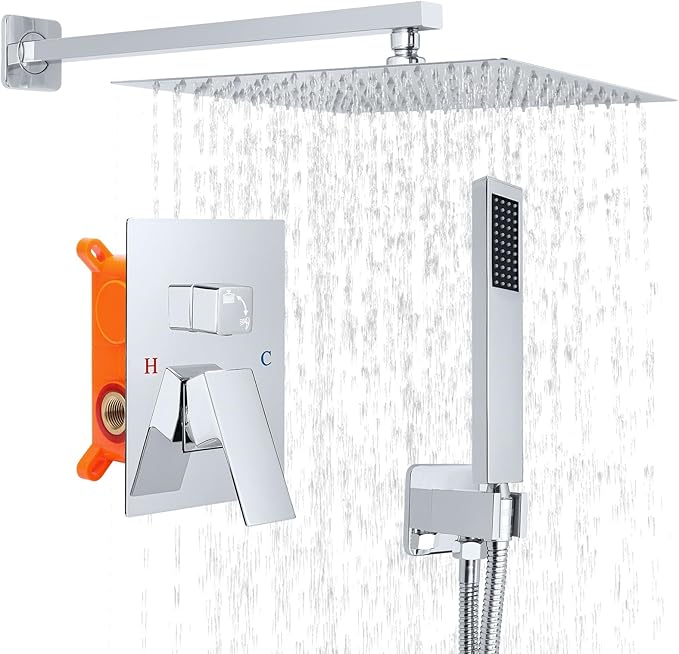 Bathroom Shower Faucet Set，12 Inch Rain Shower Head with Handheld Spray，Brass Shower Valve Trim Kit，Wall Mounted Square Rain Shower System (Chrome)