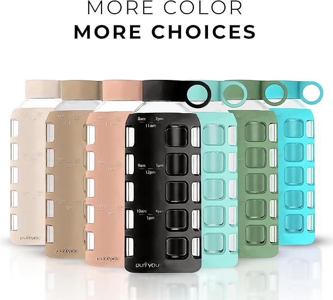 purifyou Premium 40/32 / 22/12 oz Glass Water Bottles with Volume & Times to Drink, Silicone Sleeve & Stainless Steel Lid Insert, Reusable Bottle for Fridge Water, Milk, Juice (22oz Jet Black)