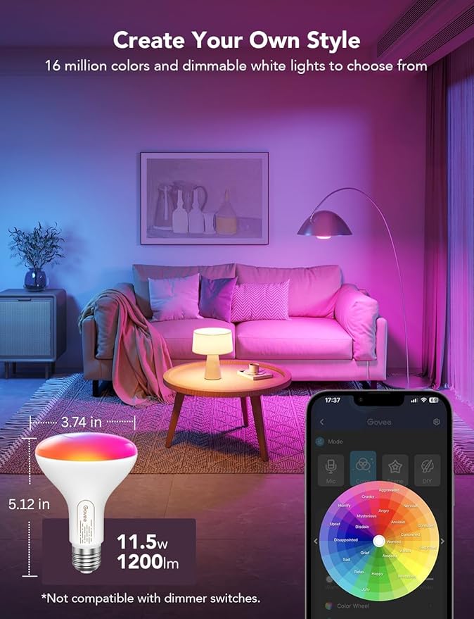 Govee Smart Light Bulbs, 1200 Lumens Dimmable BR30 Bulbs, RGBWW Color Changing Light Bulb, Flood Light Bulbs Work with Alexa, Google Assistant, WiFi & Bluetooth LED Bulbs, Music Sync, 2 Pack