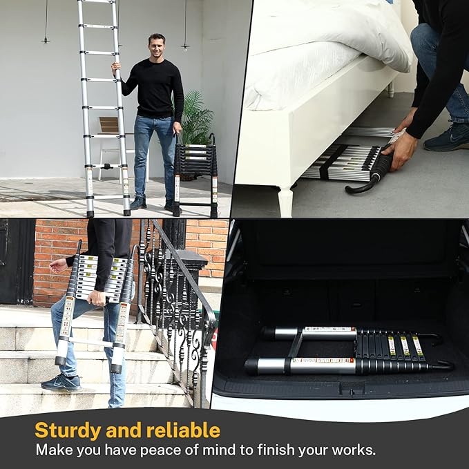 Telescopic Ladder, 10.5FT RIKADE Aluminum Telescoping Ladder with Non-Slip Feet and Stable Hook, Portable Extension Ladder for Household and Outdoor Working, 330lb Capacity