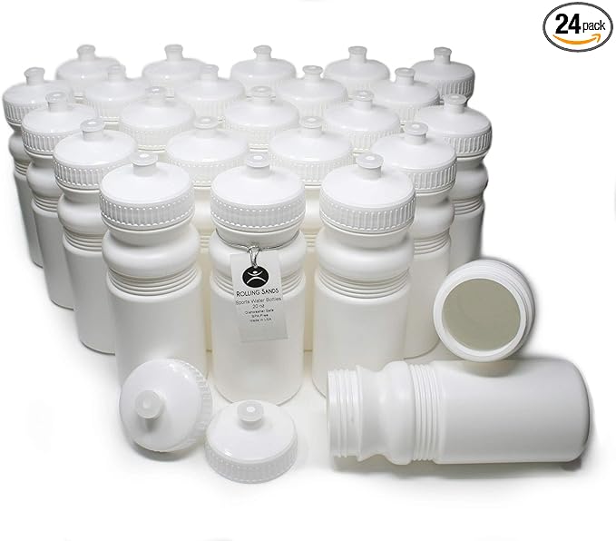 Rolling Sands 20 Ounce Sports Water Bottles 24 Pack, BPA-Free, Made in USA, Dishwasher Safe, White