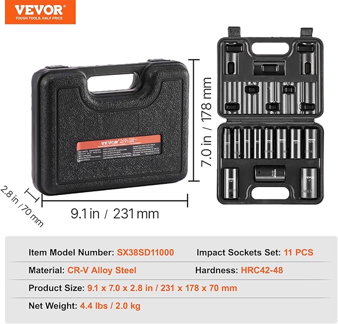 VEVOR 3/8" Drive Impact Socket Set, 11 Piece Deep Socket Set SAE 5/16"-1", 6 Point CR-V Alloy Steel for Auto Repair, Easy-to-Read Size Markings, Rugged Construction, Includes Storage Case