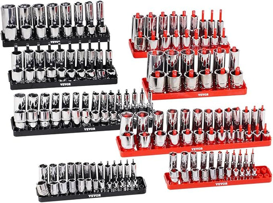 VEVOR Socket Organizer Set, 8PCS High-Rod Socket Holder, 1/4'', 3/8'' & 1/2'' Metric SAE Socket Trays with Clear Labels, Hold up to 176PCS Standard & Deep Sockets, Black & Red (Socket Not Included)