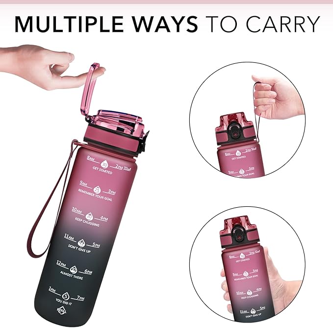 GOSWAG Water Bottles, 32 oz Motivational Sports Water Bottle with Straw and Time Marker to Remind You to Drink, Comes with Carry Strap, Leakproof