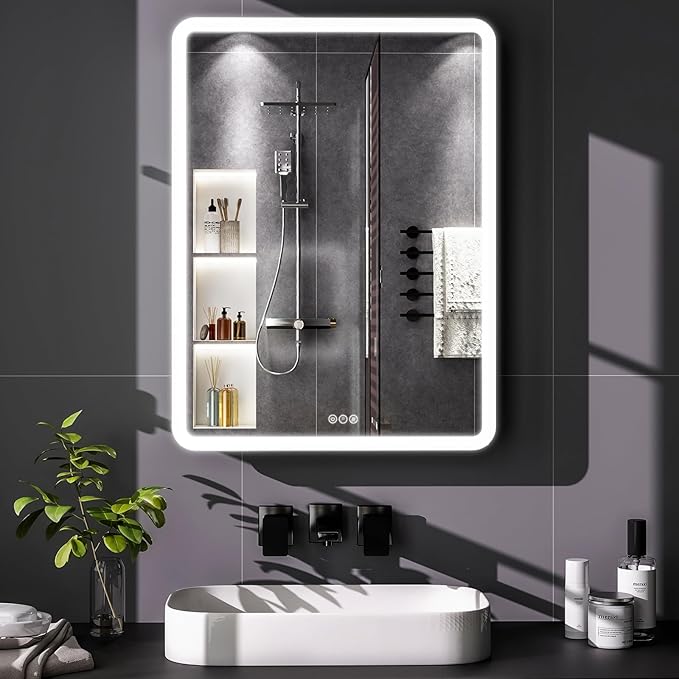LED Bathroom Medicine Cabinet with Mirror, 24 Inch x 32 Inch Bathroom Mirror Cabinet with Door & Adjustable Shelves, Surface Mount or Recess Installation