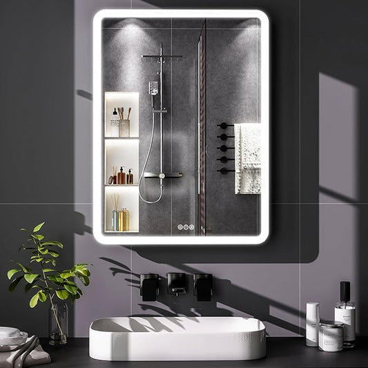 LED Bathroom Medicine Cabinet with Mirror, 24 Inch x 32 Inch Bathroom Mirror Cabinet with Door & Adjustable Shelves, Surface Mount or Recess Installation