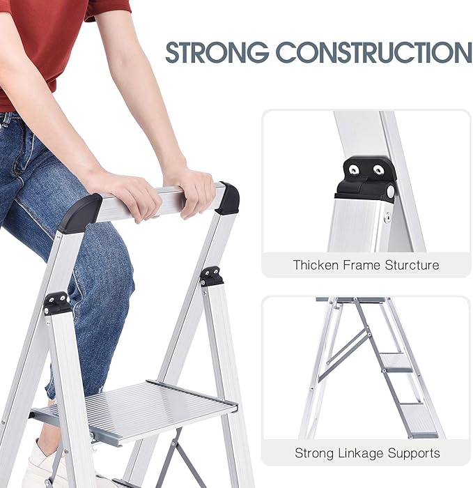 KINGRACK Aluminium 3 Step Ladder, Lightweight Step Stool with Non-Slip Pedals, Handrail, 330 LBS Foldable Step Ladder for Kitchen, Garage, Home, Space Saving, Sturdy and Portable, Silver