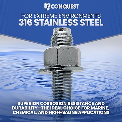 Conquest 316 Stainless Steel Concrete Wedge Anchors 3/8" x 3" - Heavy Duty Anchor Bolts for Marine, Coastal, and Outdoor Environments (50 Pack)