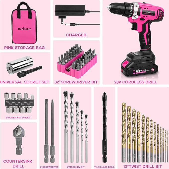 Pink Cordless Drill Set, 20V Lithium-ion Power Drill Set for Women with 67Pcs Driver Bits, 3/8"Keyless Chuck, 25+1 Position, 2.0Ah Battery, Charger and Storage Bag Included