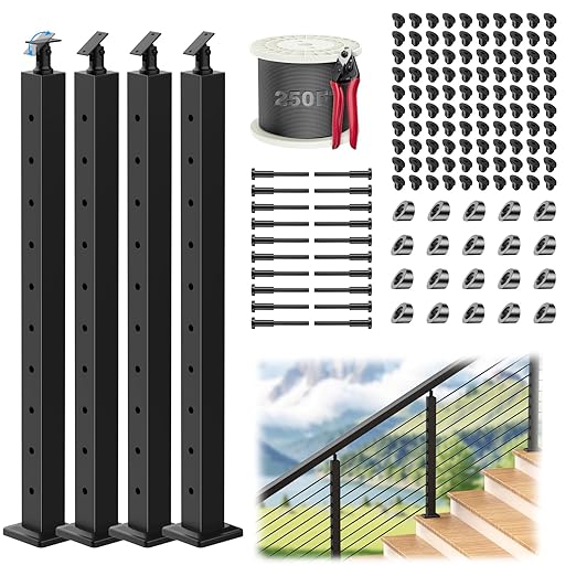 4 Pack 35" Stainless Steel Adjustable Stair Cable Railing Post Kits, 25-35 Degrees Angle Line Post with Grommets for Deck Railing Systems, Indoor & Outdoor Use,MY06-SP