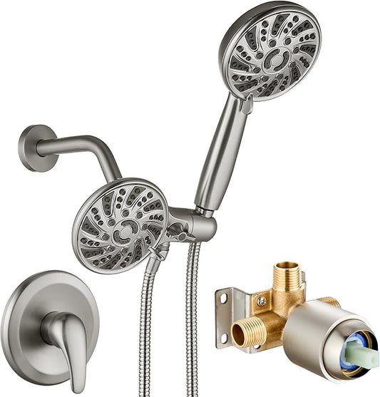 gotonovo Dual 2 in 1 Shower Head Kit High Pressure Combo System Shower Faucet 6 Modes ABS Handheld Spray Shower Trim Kit with Valve Shower Head and Handle Set Brushed Nickel