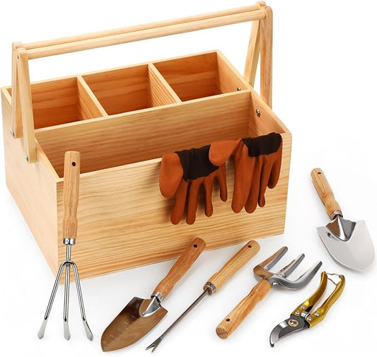 Remerry 8 Pcs Garden Tools Set with Basket Wood Stainless Steel Gardening Hand Tool, Pruning Shears, Gloves, Garden Caddy Harvest Basket Gardening Gifts Planting Supplies for Women Men