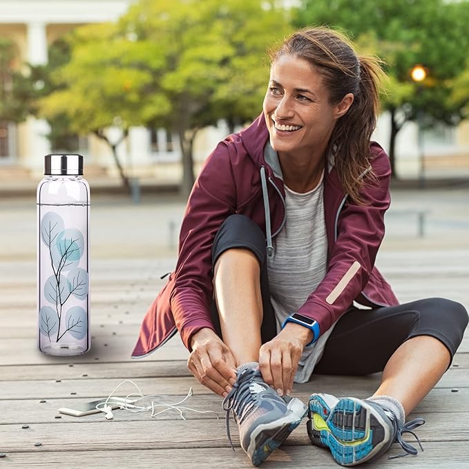 Borosilicate Glass Water Bottle, Sports Glass Drinking Bottle with Neoprene Sleeve and Stainless Steel Lid 16oz / 32oz (16oz, Blue Leaves)