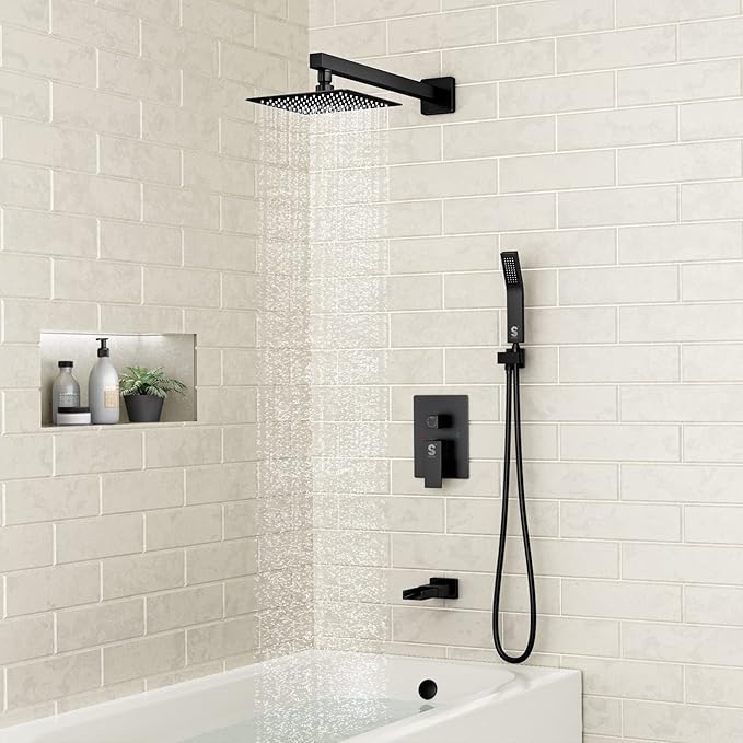 SR SUN RISE 8 Inches All Metal Bathtub and Shower Faucet Combo Shower System with Tub Spout, Shower Tub Faucets Sets Complete Shower Head with Handheld Shower Fixtures, Valve Included, Matte Black